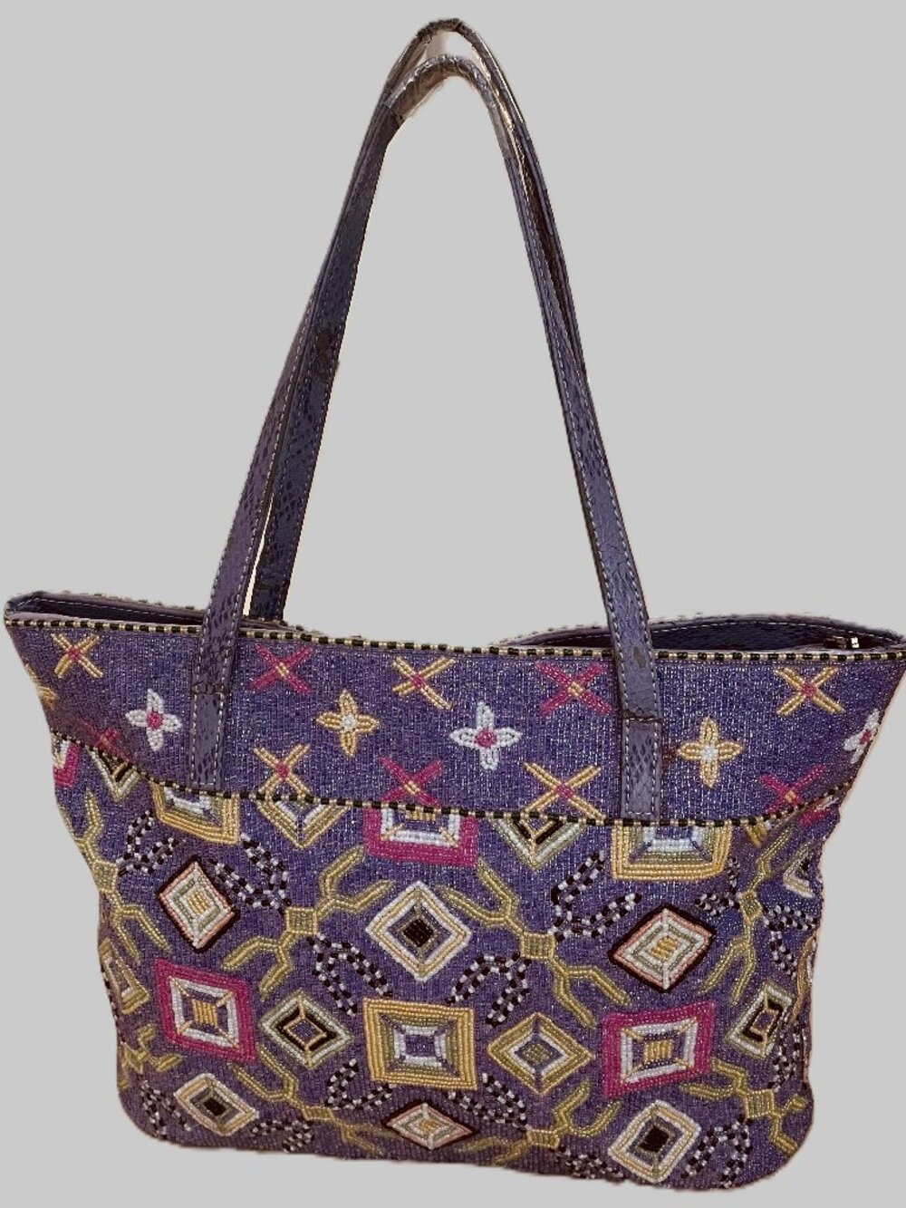 Purple Beaded Tote Bag – Colorful Floral & Geometric Design